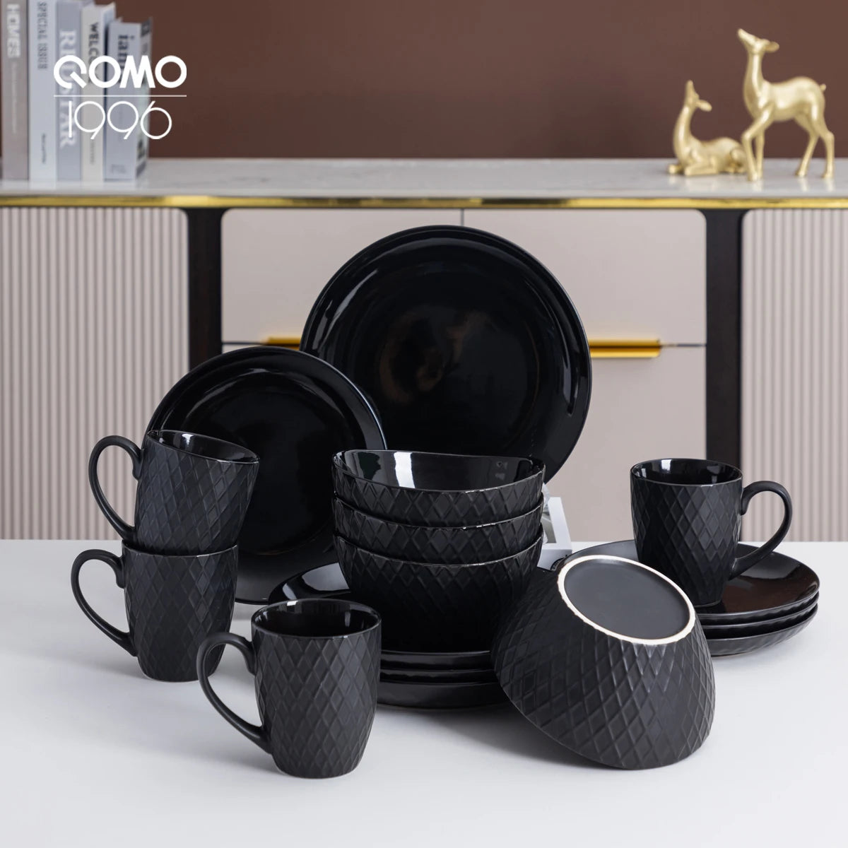 16pcs High Temperature Porcelain Dining Set, QOMO 1996 Ceramic Dinnerware Set,Reusable And Washable Plate Bowl Mug Sets