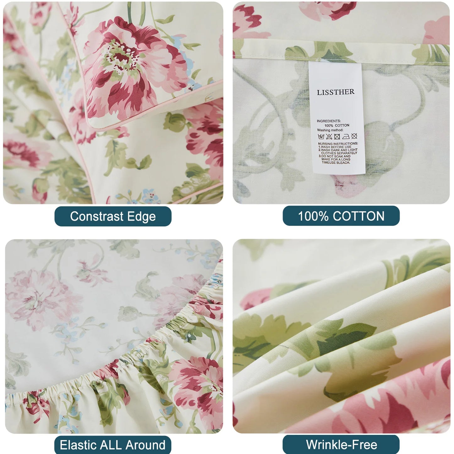 4pcs 600 TC100% Egyptian Cotton Fitted Sheet Set (Without Core), Blooming Rose and Green. Shabby Chic,,Soft & Skin-friendly
