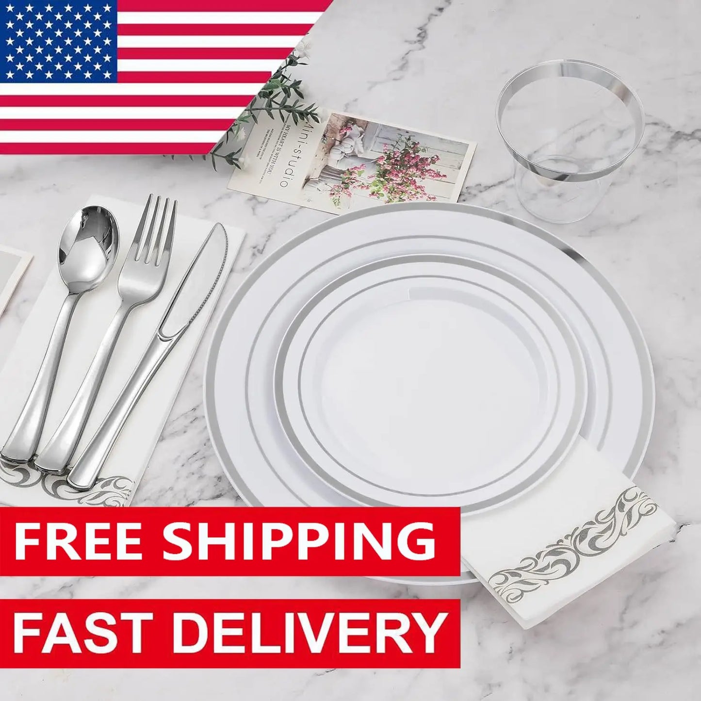 350PCS Silver Dinnerware Set Plastic Dinnerware Set, Party Silver Dinner Plates Dessert Plates Silver Plastic Silverware Set