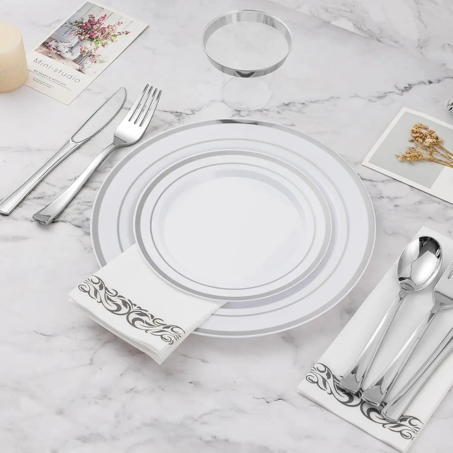350PCS Silver Dinnerware Set Plastic Dinnerware Set, Party Silver Dinner Plates Dessert Plates Silver Plastic Silverware Set