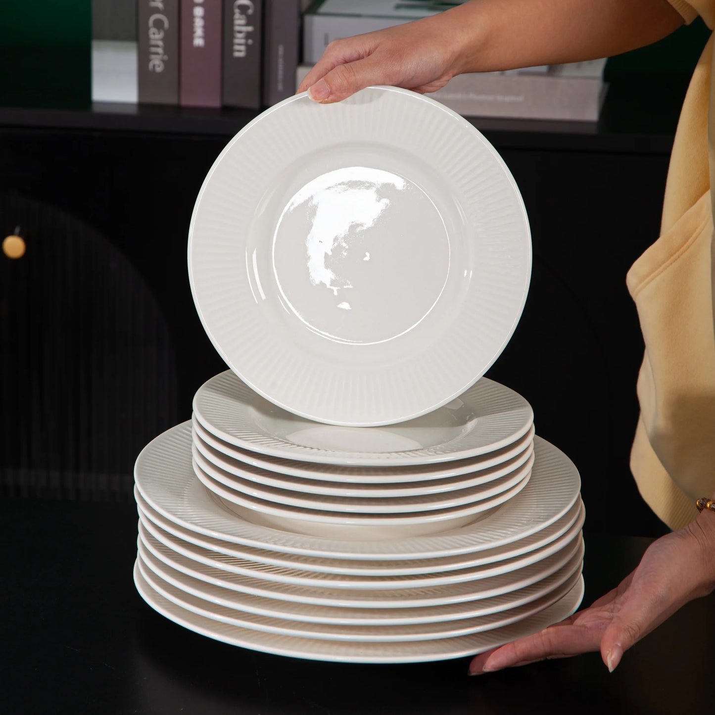 QOMO 16/24/36/48 Piece White Porcelain Dinnerware Set with Dessert Plate,Dinner Plate,Cup,Bowl Tableware Set