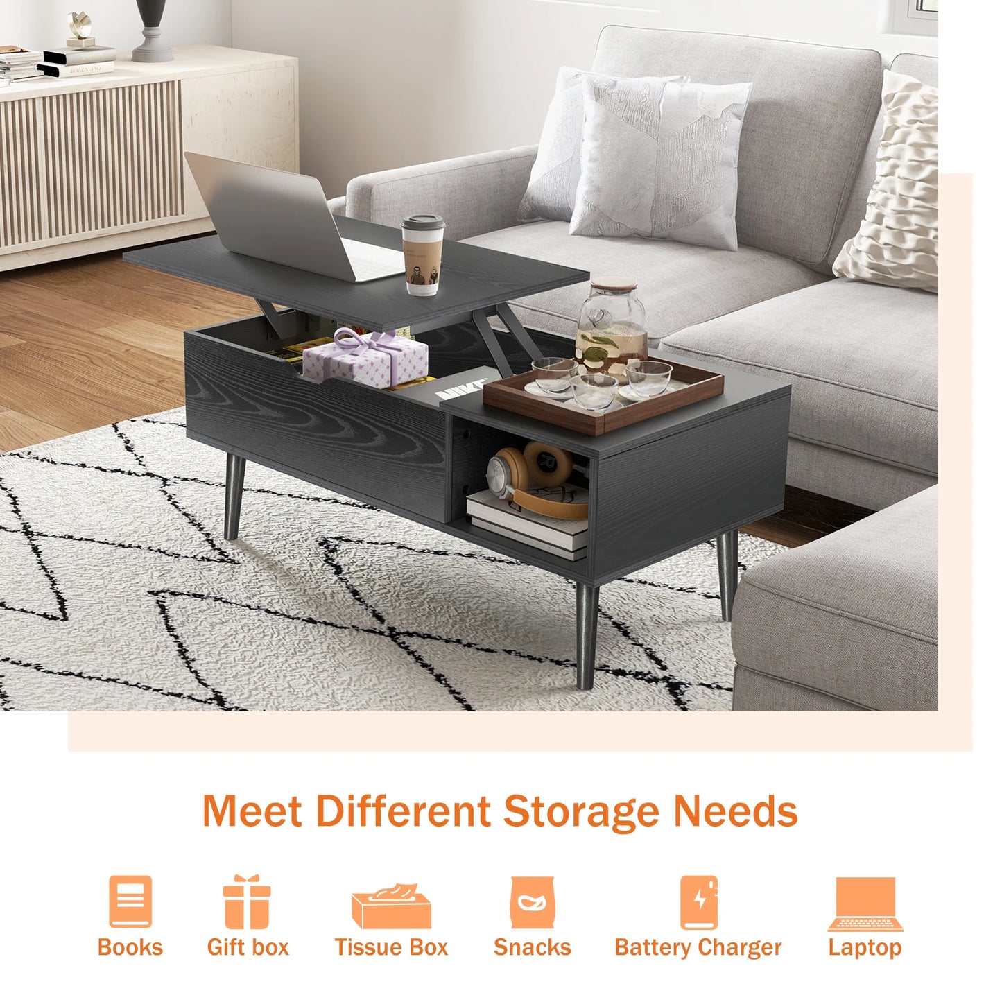 Lift Top Coffee Tables 39.37"x19.7" Wood, Dining, Adjustable Storage Shelf Easy To Lift Or Lower