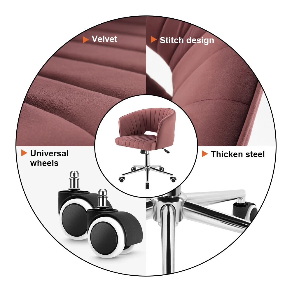 Office Chair Velvet, Swivel Armchair Cute Modern Fabric, Wheels Adjustable Chair