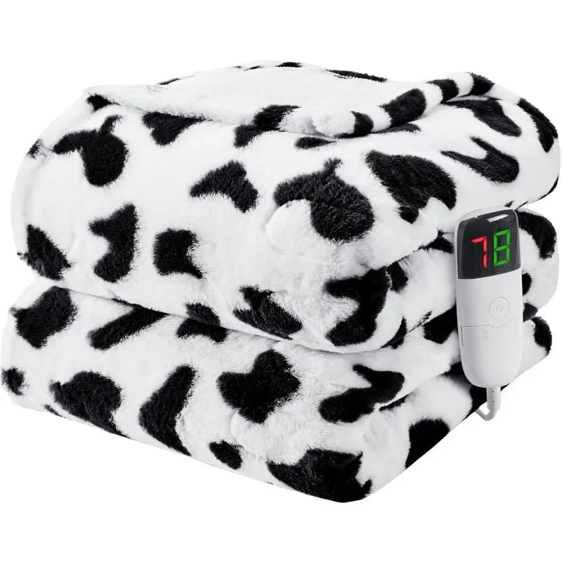 Cow Print Heated Electric Throw, 62x84 Twin Faux Fur, 10 Heating Levels, Soft Cozy Sherpa Blanket