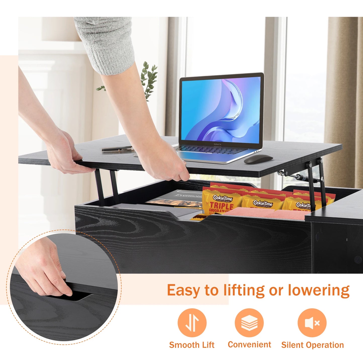 Lift Top Coffee Tables 39.37"x19.7" Wood, Dining, Adjustable Storage Shelf Easy To Lift Or Lower