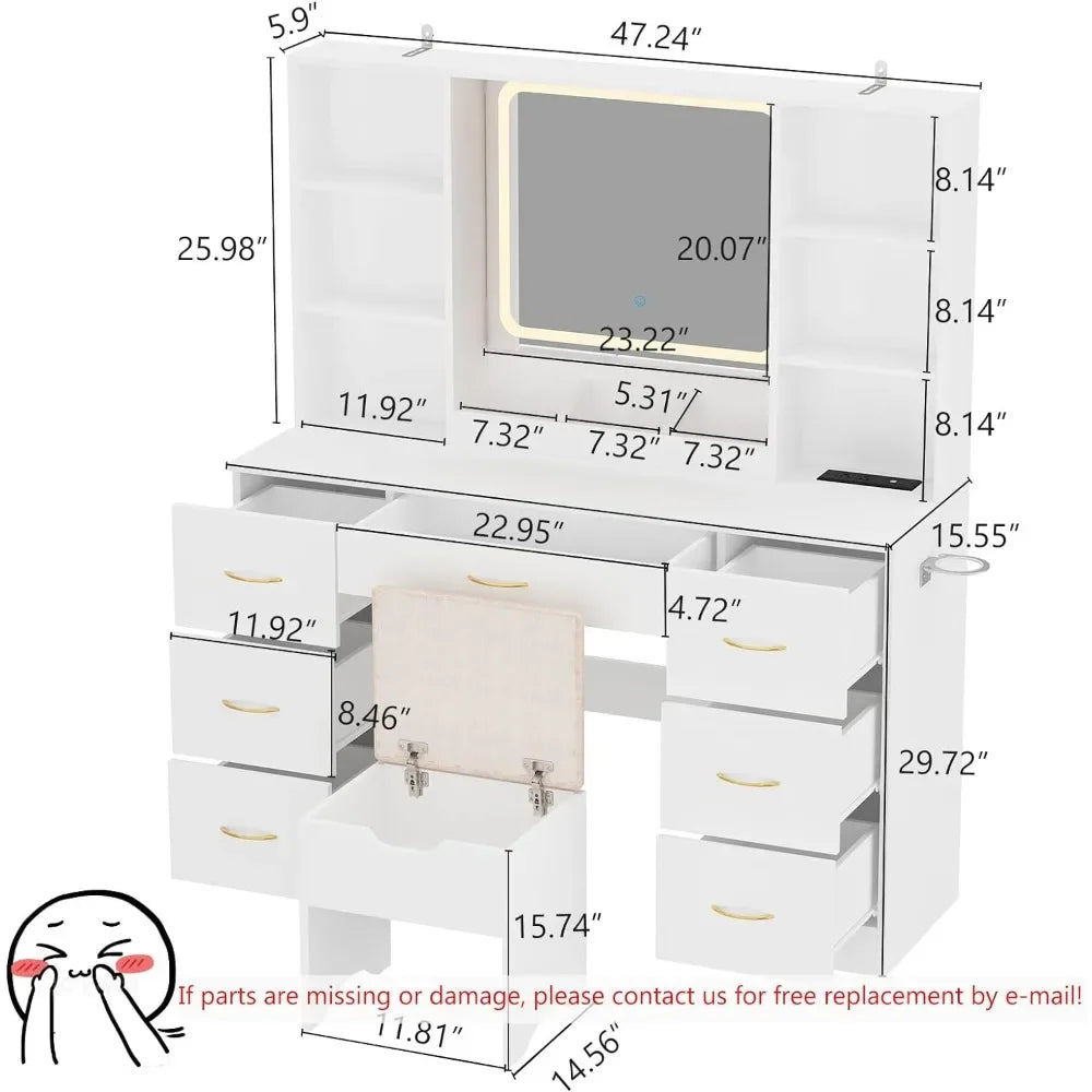 Dresser LED White Vanity Set. Stool, Power Outlet (White)