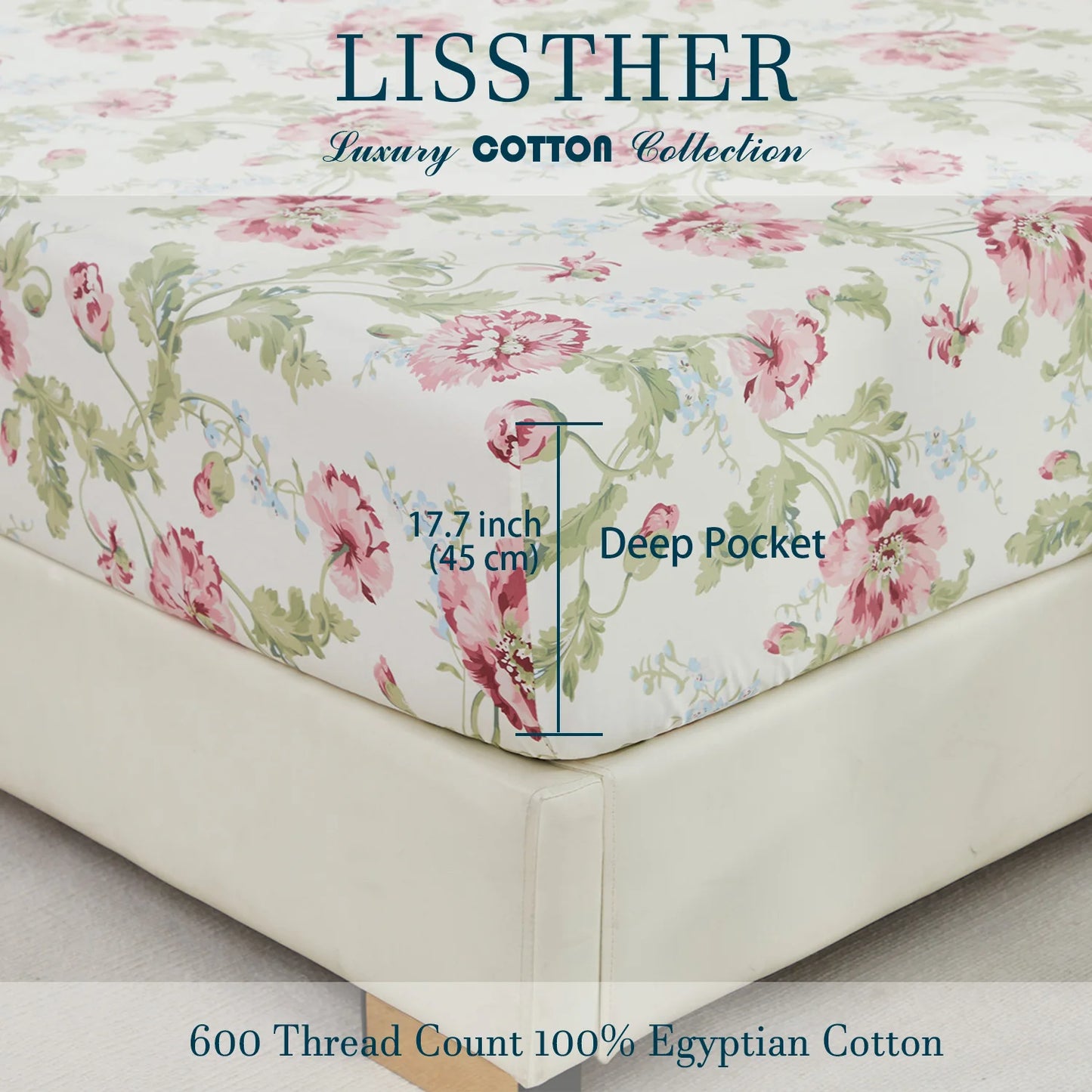 4pcs 600 TC100% Egyptian Cotton Fitted Sheet Set (Without Core), Blooming Rose and Green. Shabby Chic,,Soft & Skin-friendly