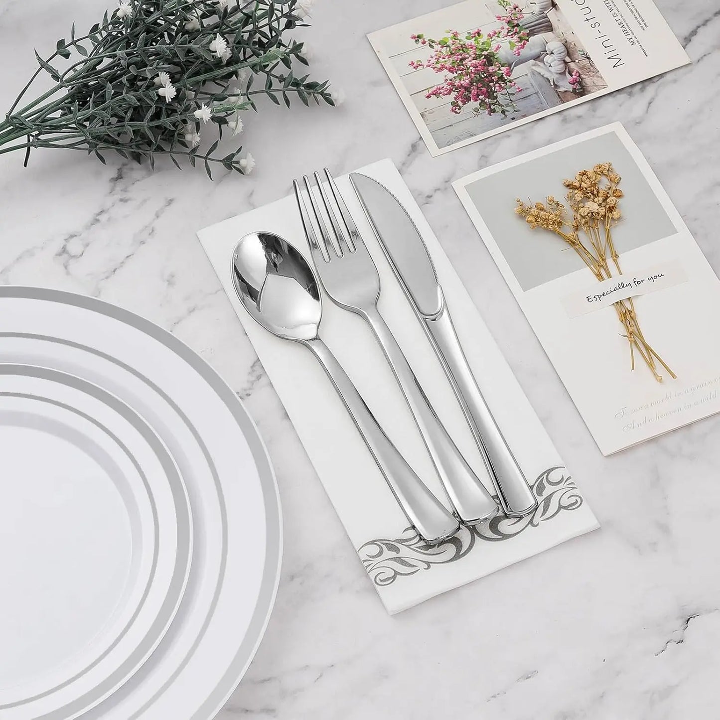 350PCS Silver Dinnerware Set Plastic Dinnerware Set, Party Silver Dinner Plates Dessert Plates Silver Plastic Silverware Set