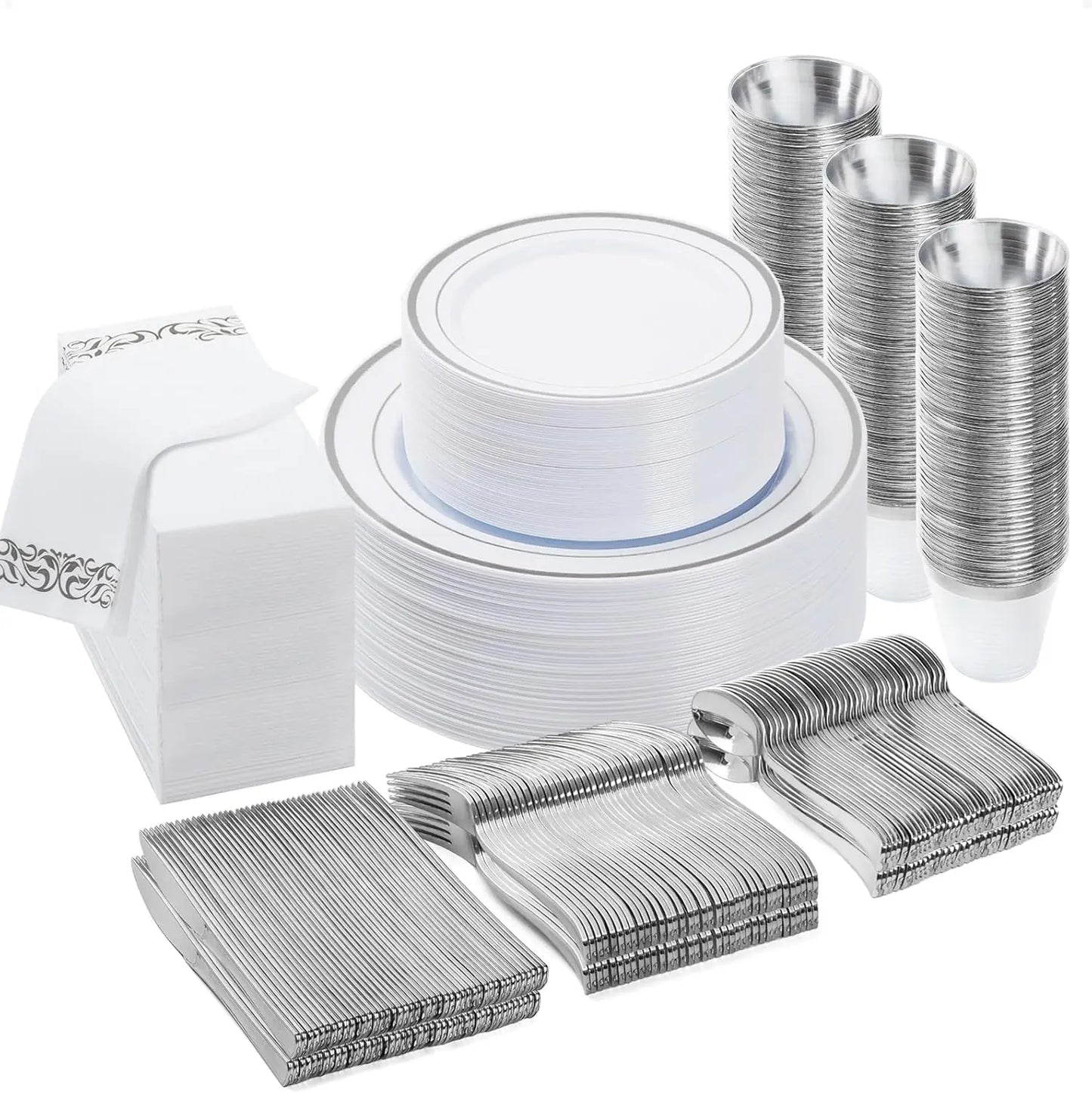 350PCS Silver Dinnerware Set Plastic Dinnerware Set, Party Silver Dinner Plates Dessert Plates Silver Plastic Silverware Set