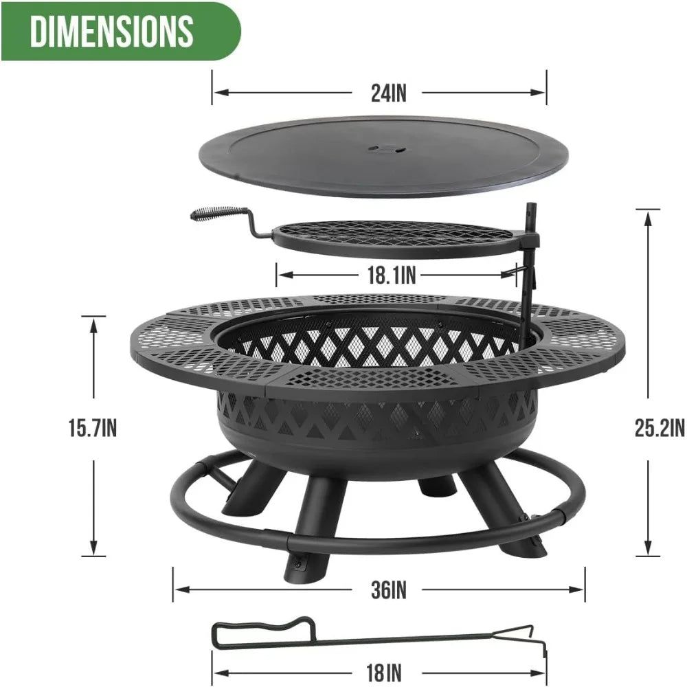 36 Inch Fire Pit Wood Burning Pits for Outside with Lid& Fire Poker, Round Metal Pit Table 3 in 1