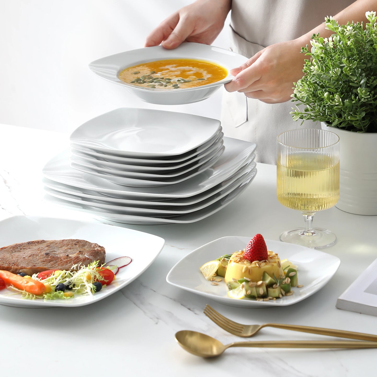 MALACASA JULIA 36-Piece White Porcelain Dinner Set , Dinner Soup Dessert Plates for 12