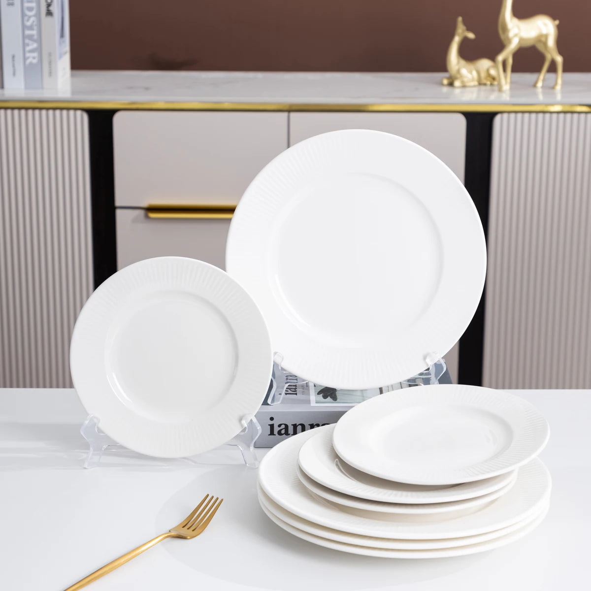 QOMO 16/24/36/48 Piece White Porcelain Dinnerware Set with Dessert Plate,Dinner Plate,Cup,Bowl Tableware Set