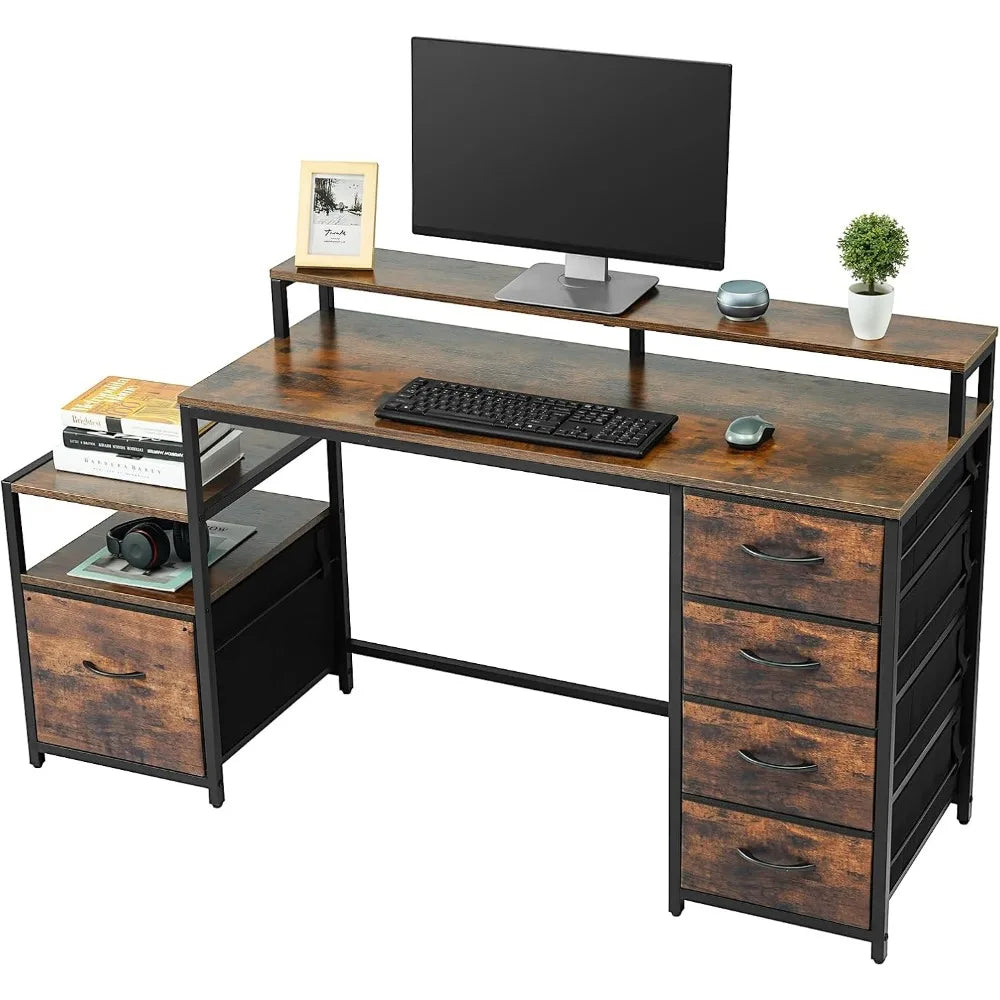 Compact Computer Desk Storage Shelf/Cloth File Drawer (Brown, 61.6 inch)