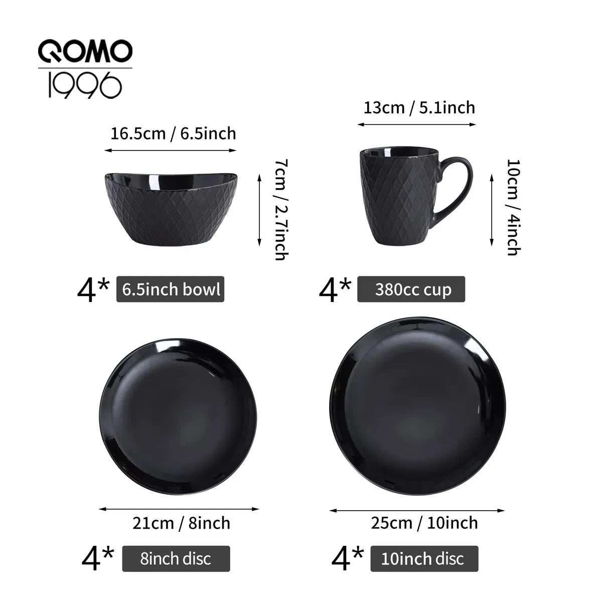 16pcs High Temperature Porcelain Dining Set, QOMO 1996 Ceramic Dinnerware Set,Reusable And Washable Plate Bowl Mug Sets