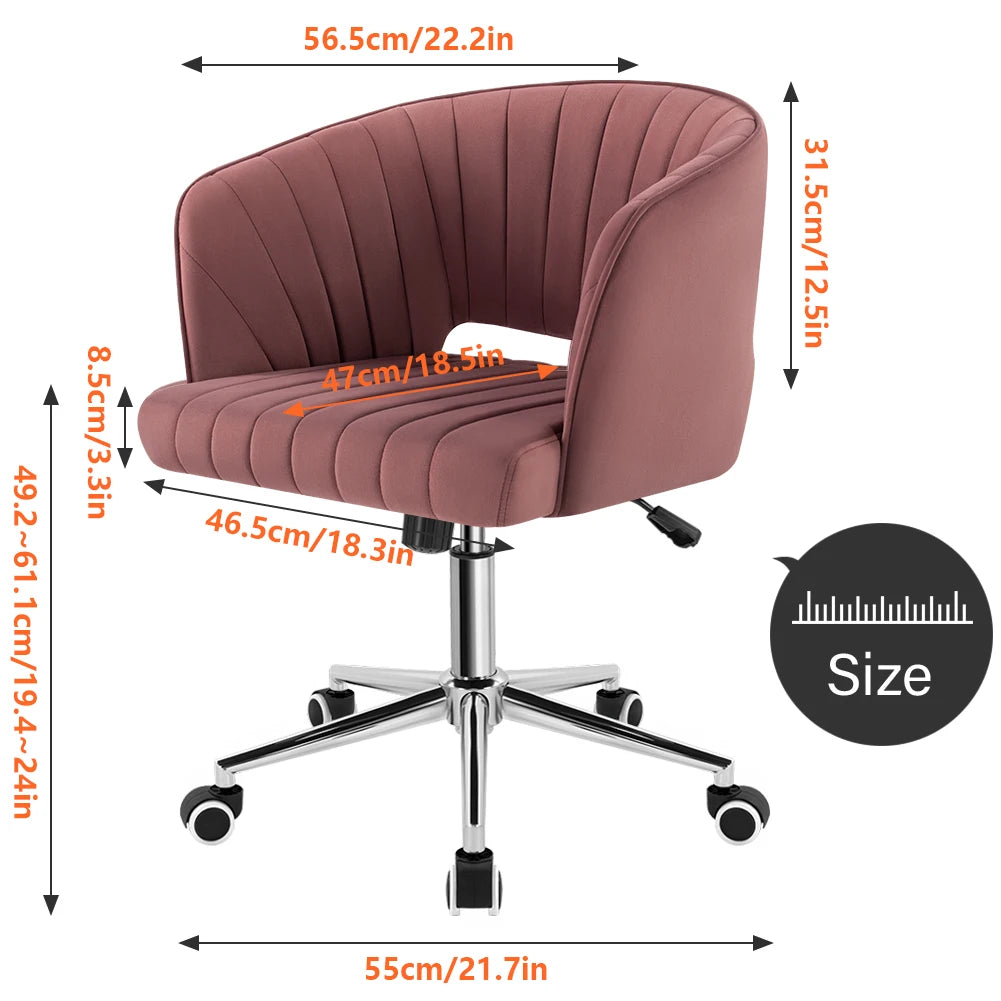 Office Chair Velvet, Swivel Armchair Cute Modern Fabric, Wheels Adjustable Chair