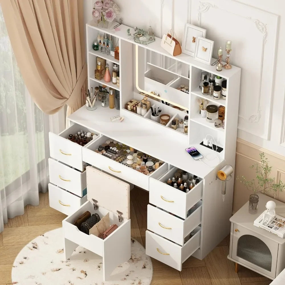 Dresser LED White Vanity Set. Stool, Power Outlet (White)