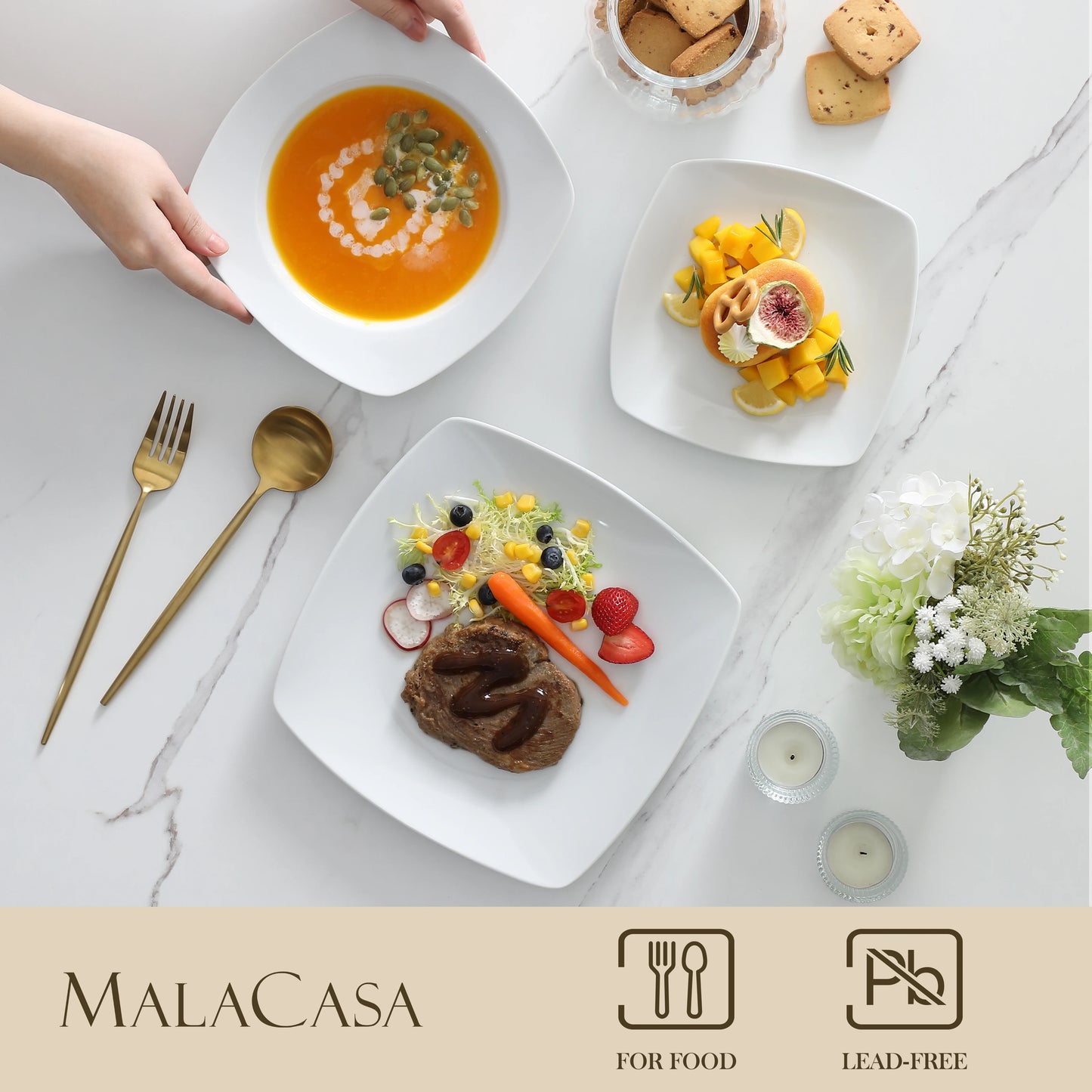 MALACASA JULIA 36-Piece White Porcelain Dinner Set , Dinner Soup Dessert Plates for 12