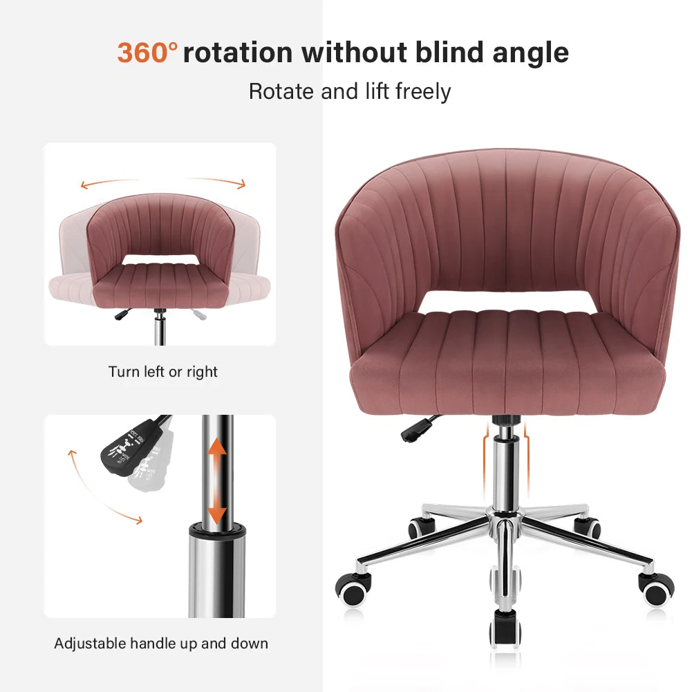Office Chair Velvet, Swivel Armchair Cute Modern Fabric, Wheels Adjustable Chair