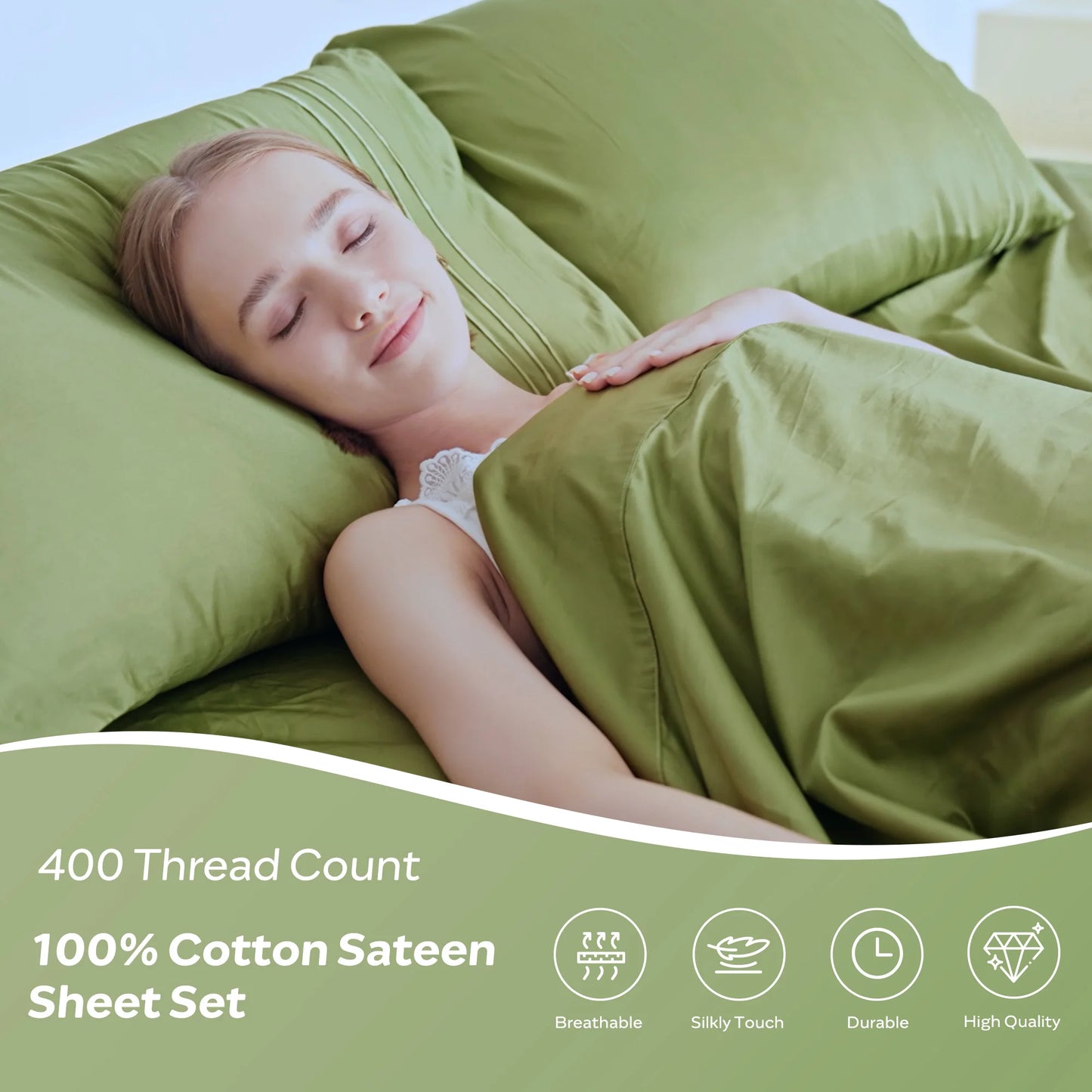 400 Thread Count 100% Cotton Sateen Sheet Sets, Extra Soft Bedding Cooling Sheets - 16" Deep Pockets Bed Set