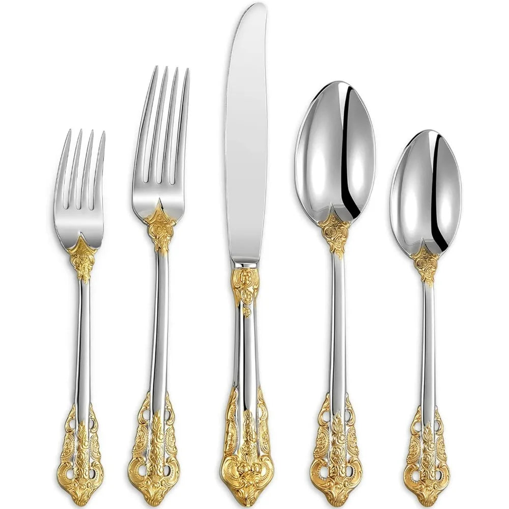 Luxury 20 piece 18/10 stainless steel cutlery set, 4-person service, silver plated with gold, exquisite silverware set