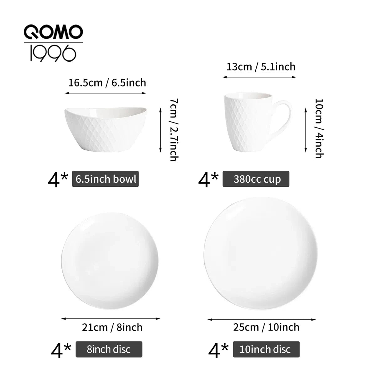 16pcs High Temperature Porcelain Dining Set, QOMO 1996 Ceramic Dinnerware Set,Reusable And Washable Plate Bowl Mug Sets