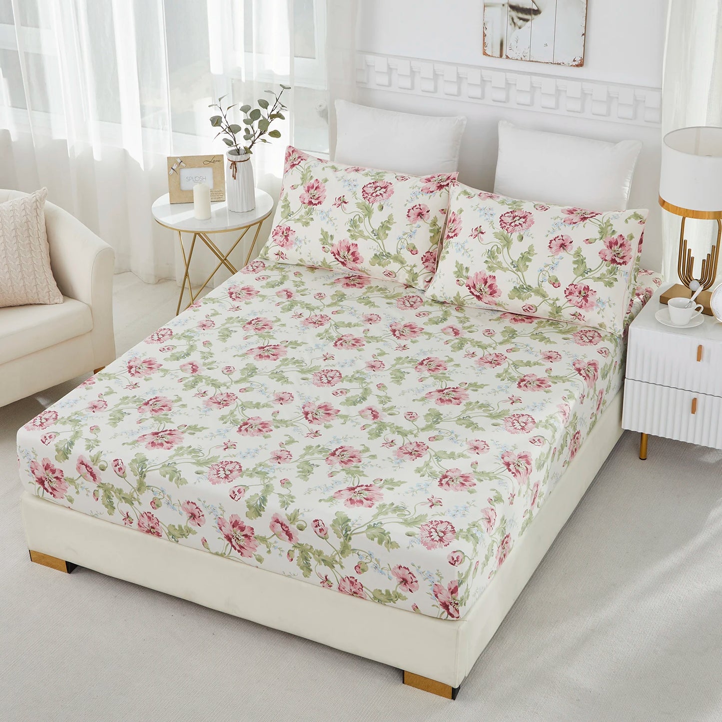 4pcs 600 TC100% Egyptian Cotton Fitted Sheet Set (Without Core), Blooming Rose and Green. Shabby Chic,,Soft & Skin-friendly
