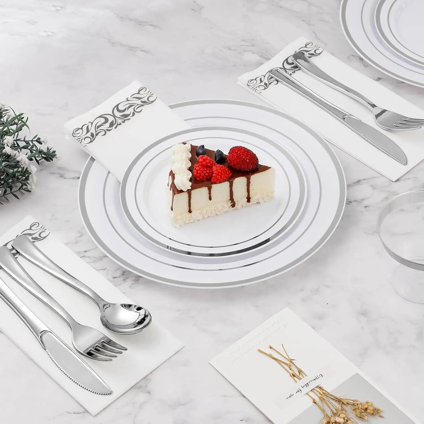 350PCS Silver Dinnerware Set Plastic Dinnerware Set, Party Silver Dinner Plates Dessert Plates Silver Plastic Silverware Set