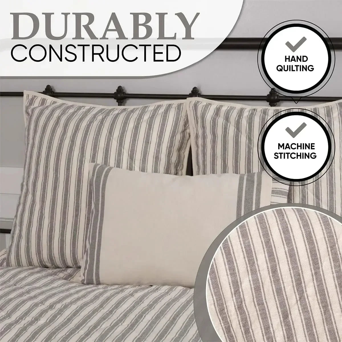 Gray California King Quilt, 100% Cotton Gray Ticking, Hand Quilted