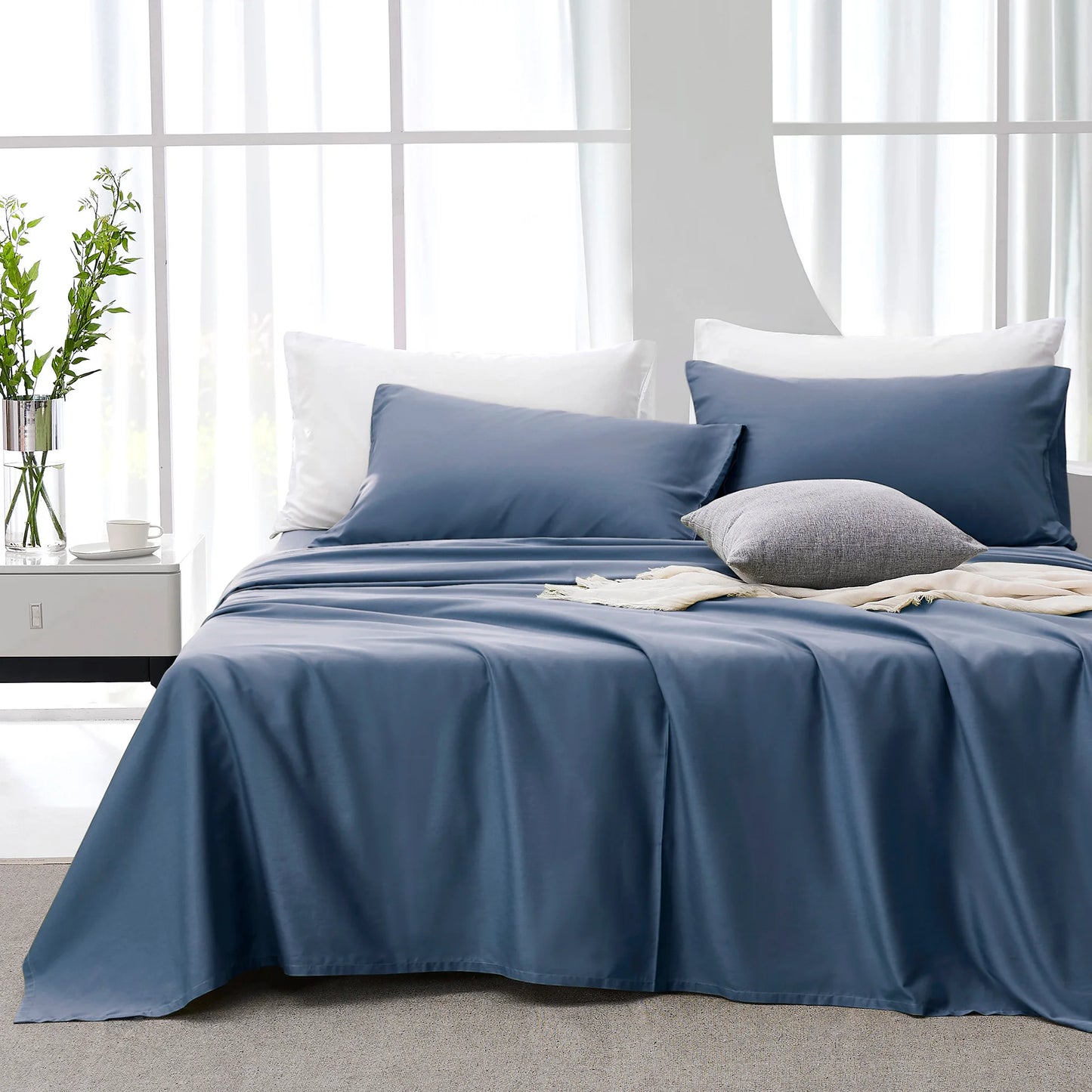 Cotton Set - 4 Pieces Ultra Soft Bed Sheets, Breathable, Moisture-Wicking Eucalyptus Bedding