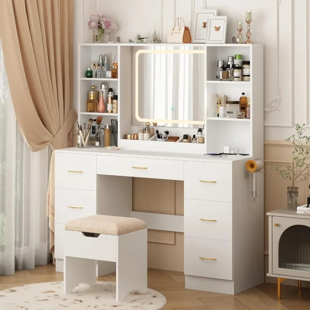 Dresser LED White Vanity Set. Stool, Power Outlet (White)