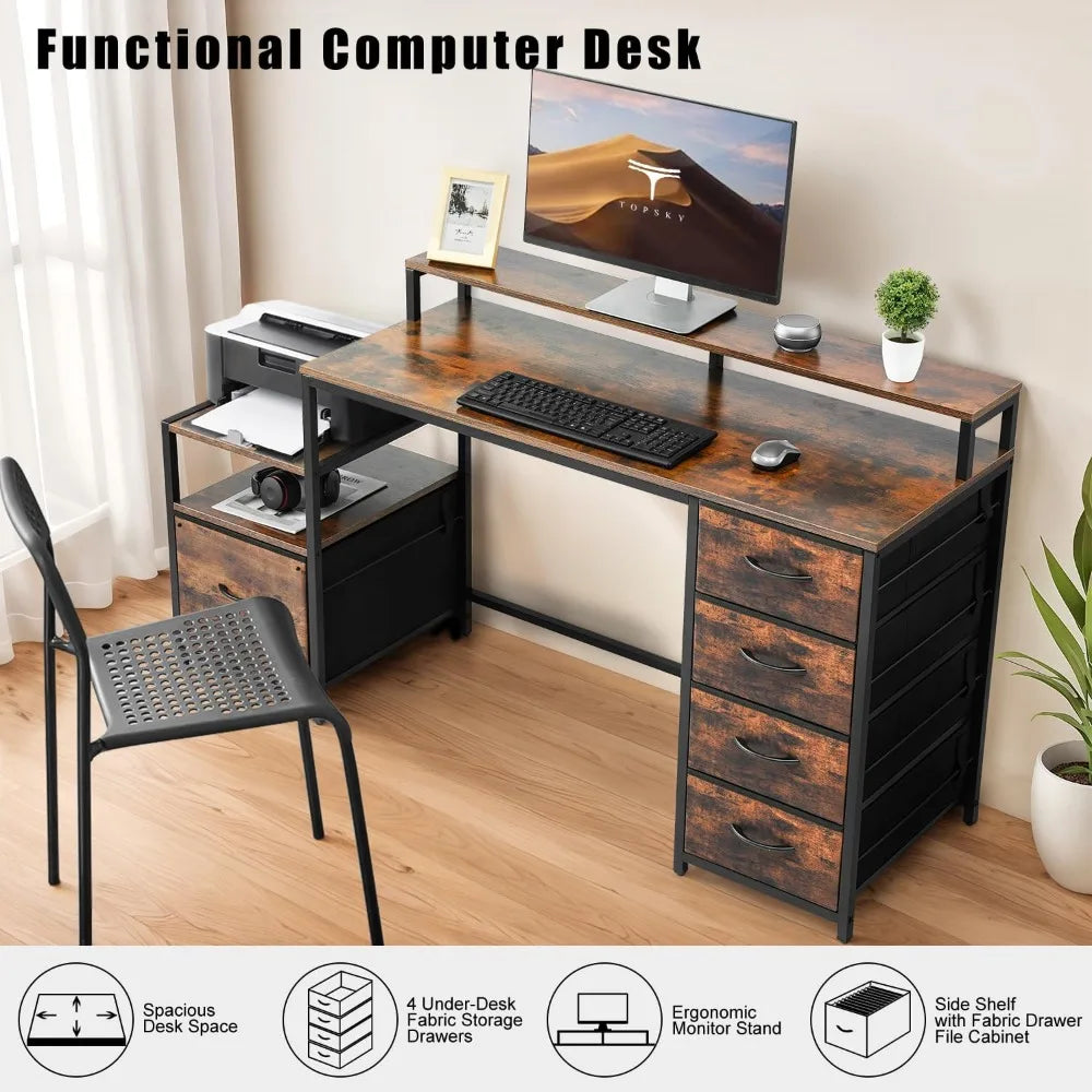 Compact Computer Desk Storage Shelf/Cloth File Drawer (Brown, 61.6 inch)
