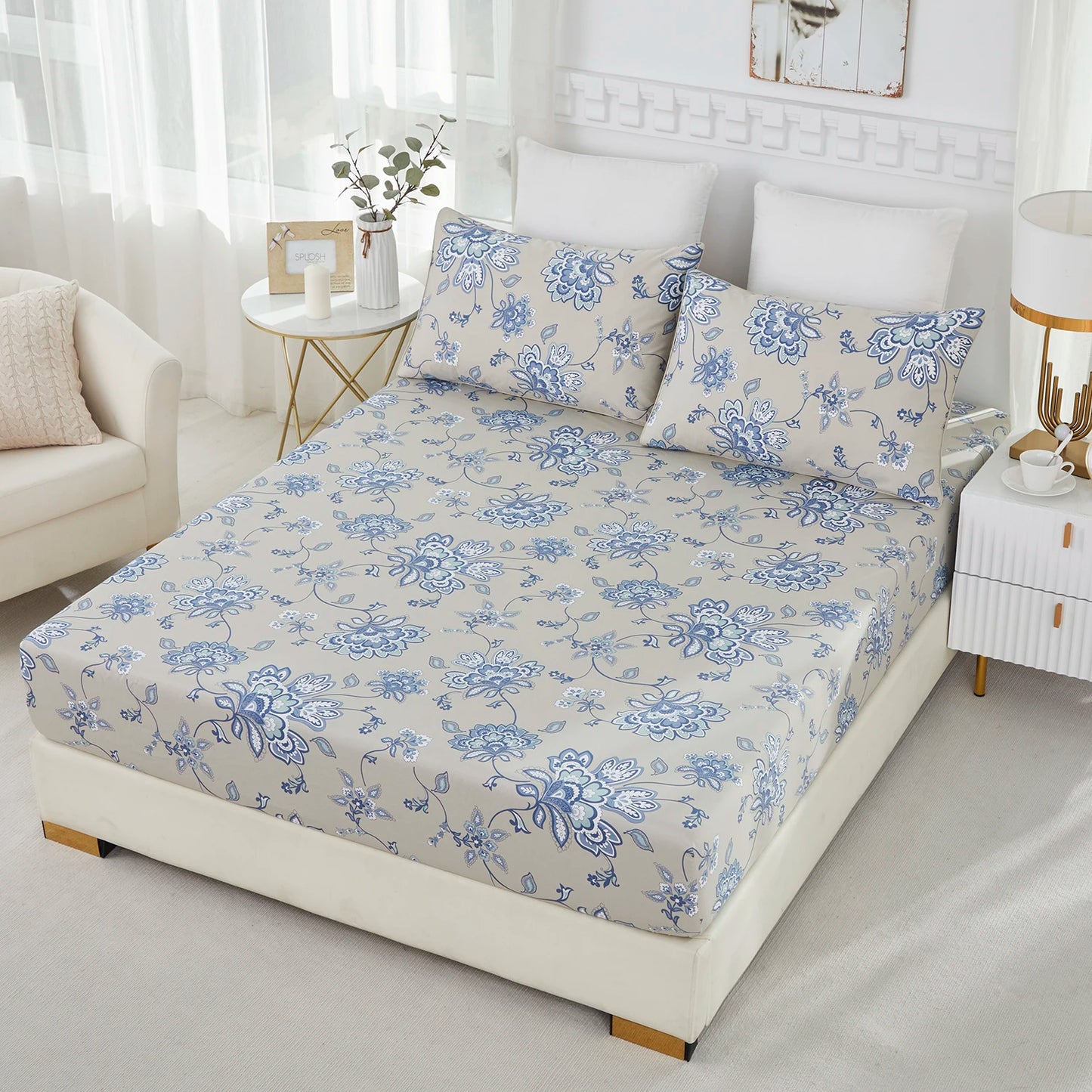 4pcs 600 TC 100% Egyptian Cotton Fitted Sheet Set in Boho Damask Paisley, Soft & Skin-friendly