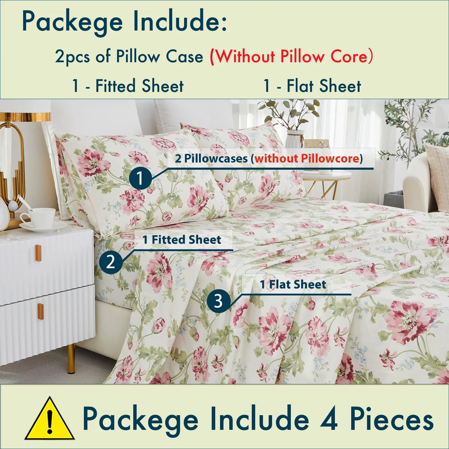 4pcs 600 TC100% Egyptian Cotton Fitted Sheet Set (Without Core), Blooming Rose and Green. Shabby Chic,,Soft & Skin-friendly