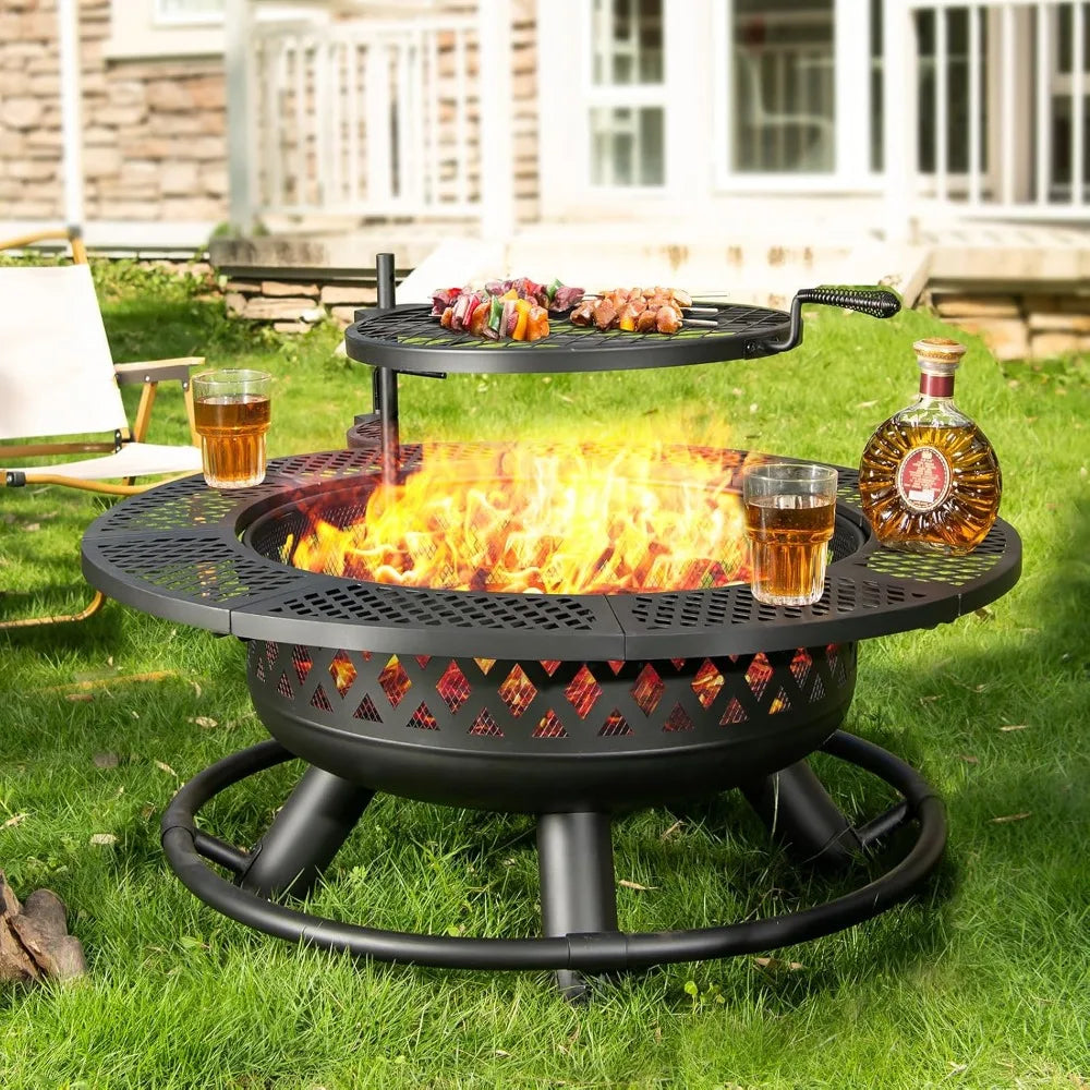 36 Inch Fire Pit Wood Burning Pits for Outside with Lid& Fire Poker, Round Metal Pit Table 3 in 1