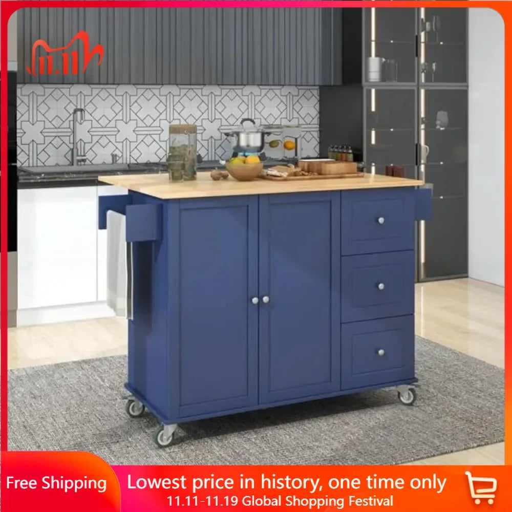 Cabinet, Drop Down Board, Solid Wood Top, Dark Blue, Kitchen Islands Trolleys