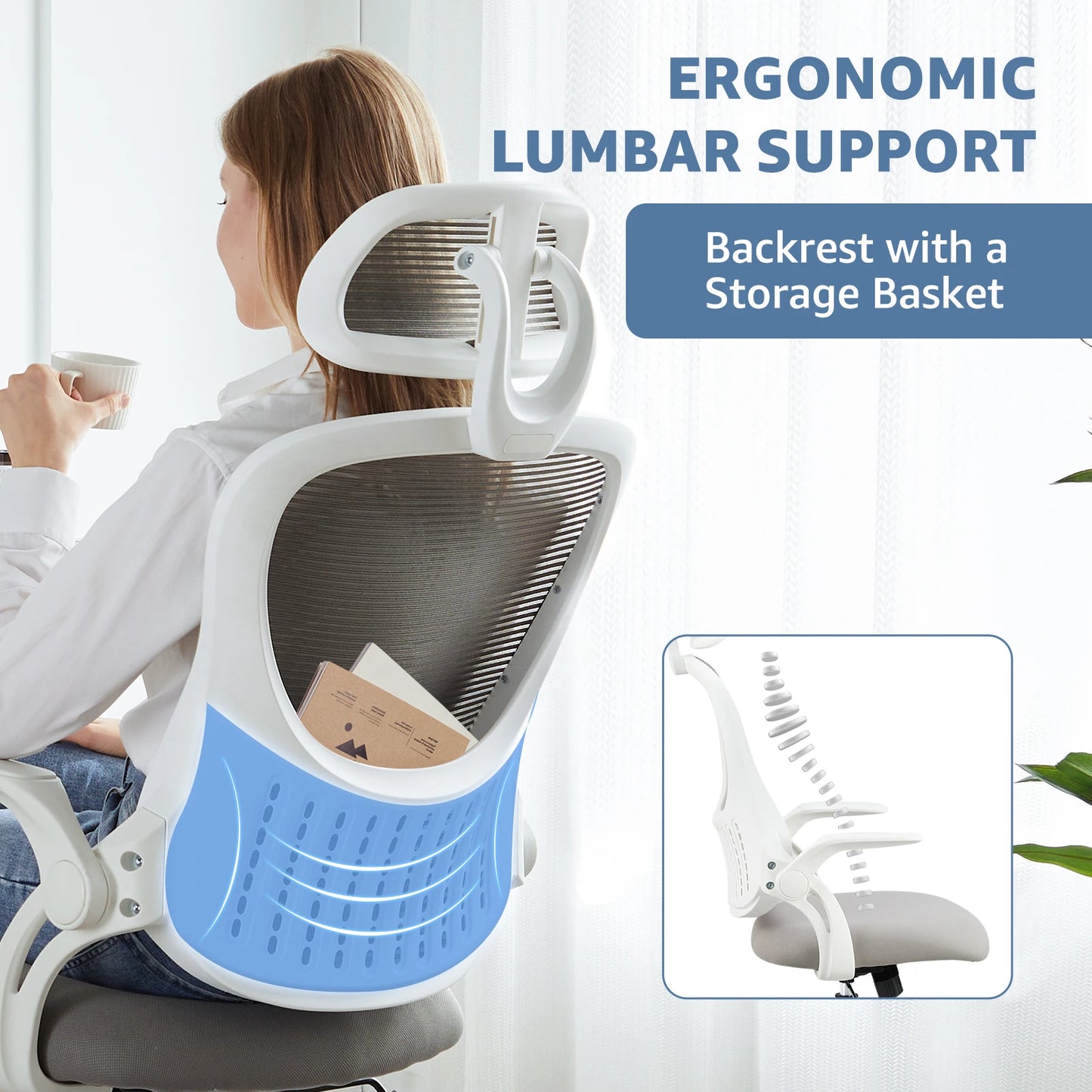 Ergonomic Computer Desk Chair, Flip-up Arms, Adjustable Headrests, Lumbar Support