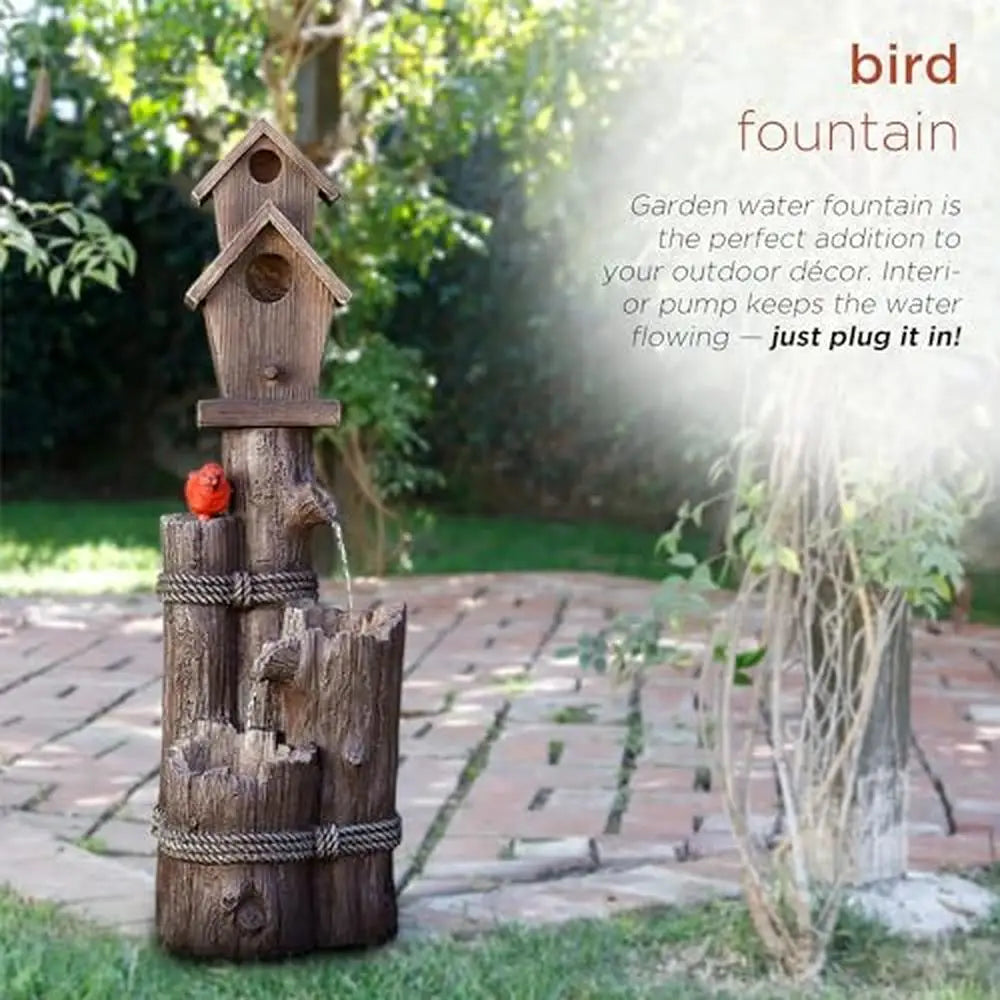 3-Tiered Log/Branch Waterfall Birdhouse Fountain Outdoor, Serene Woodland Sound, Rust-Resistant Polyresin 35"