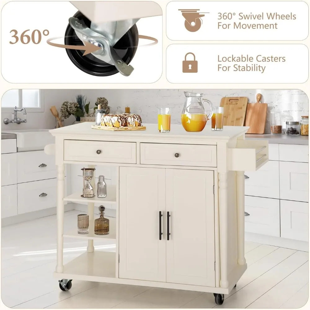 Rolling Kitchen Island Cart, Open Shelves, Drawers, Towel Holder