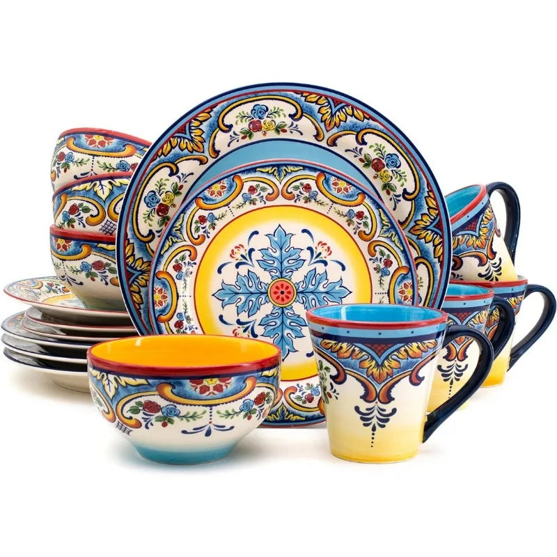 Zanzibar Collection 16 Piece Dinnerware Set Kitchen and Dining, Service for 4, Spanish Floral Design, Multicolor