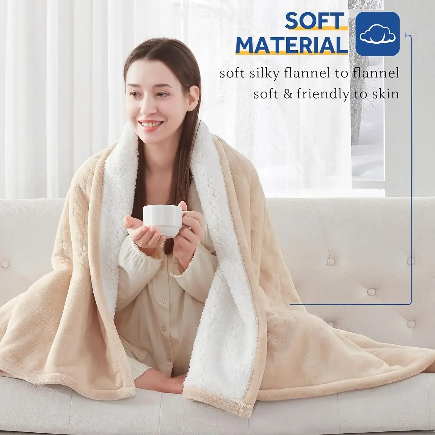 Electric Blanket Queen Size, Flannel & Sherpa Heated, 10 Heat Setting & 1-12 Hour Auto Shut Off, Fast Heating