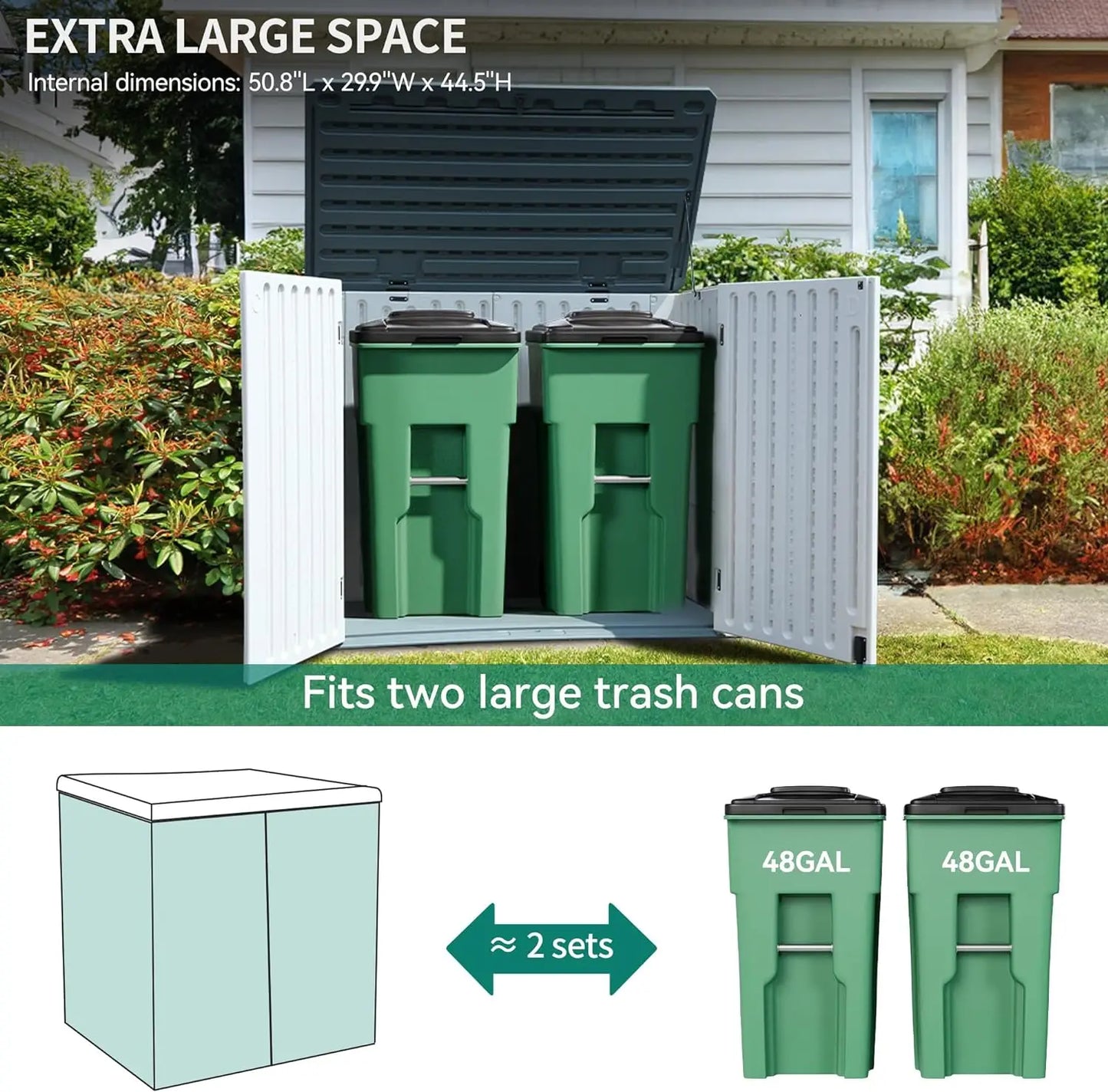 Large Outdoor Horizontal Storage Shed 47 cu ft Resin Tool Shed w/o Shelf Outdoor Waterproof Storage with Floor for Trash Cans