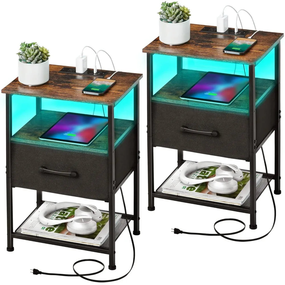 Nightstands Set of 2, Charging Station, Drawer,  20 Colors LED Light Strip and 2 Layer,s Shelf