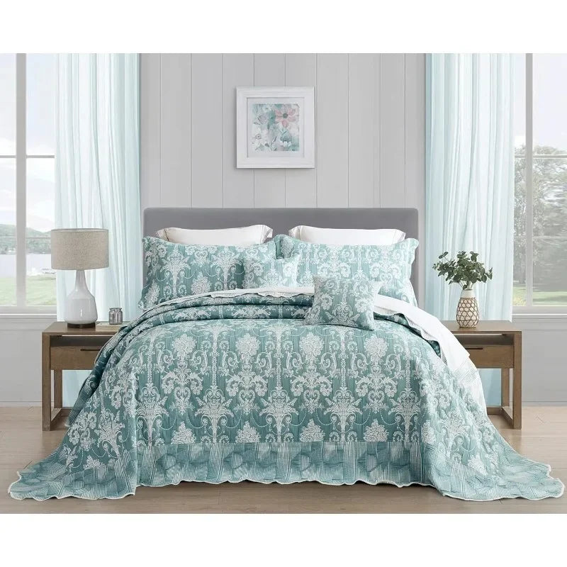 King Size Bedspread Jacquard Quilted Damask Pattern Design Lightweight Reversible