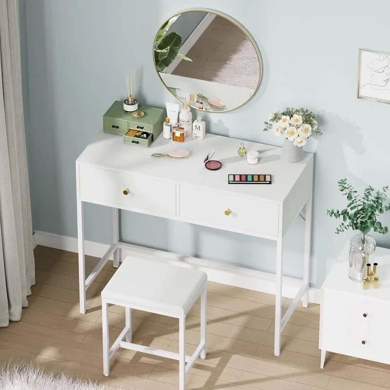 Desk with 2 Drawers,Modern Makeup Vanity Desk with Padded Stool, Small Computer Table Home Office Desk for Writing Study Bedroom