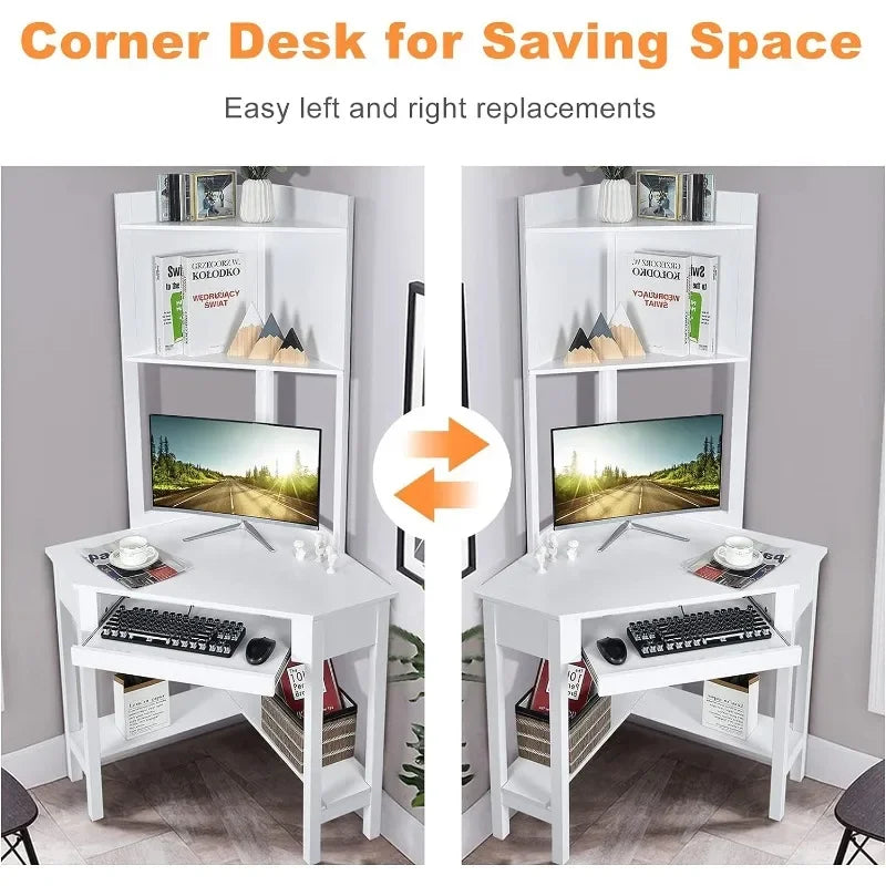 Corner Desk/Hutch, 90 Degrees Triangle ,Keyboard Tray & Bookshelves for Small Space