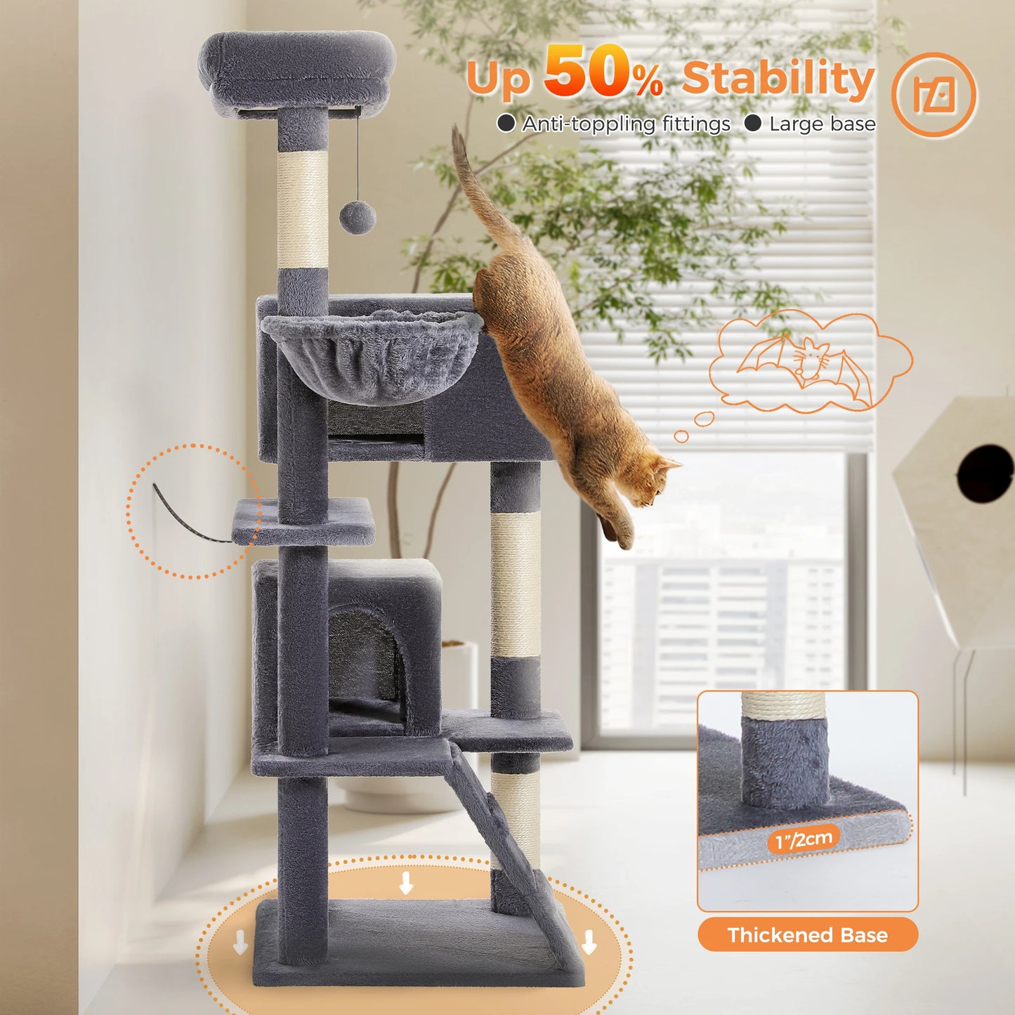 Large Cat, Large Condos, Top Perch, Hammock, Dangling Pompom, Cat Scratching Posts, Indoors