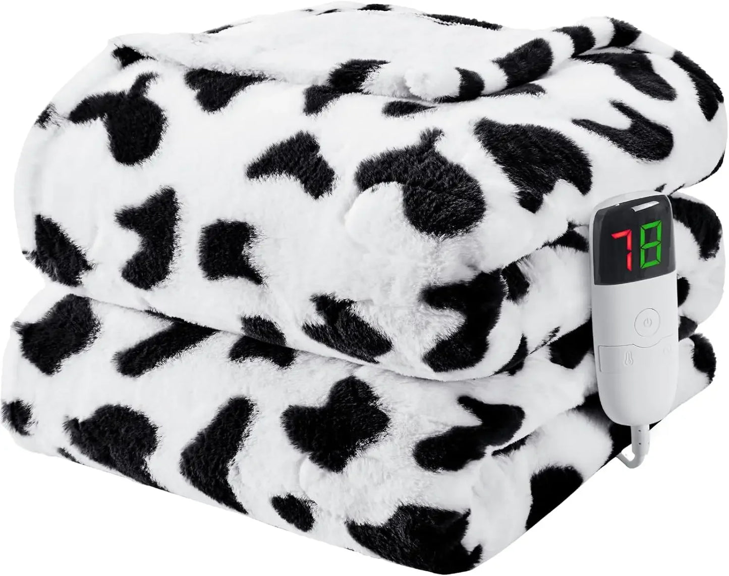 Cow Print Heated Electric Throw, 62x84 Twin Faux Fur, 10 Heating Levels, Soft Cozy Sherpa Blanket