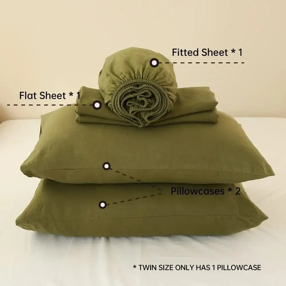 Washed Linen Bed Sheet Set, 4 Pieces (1 Flat Sheet & 1 Fitted Sheet & 2 Pillowcases)