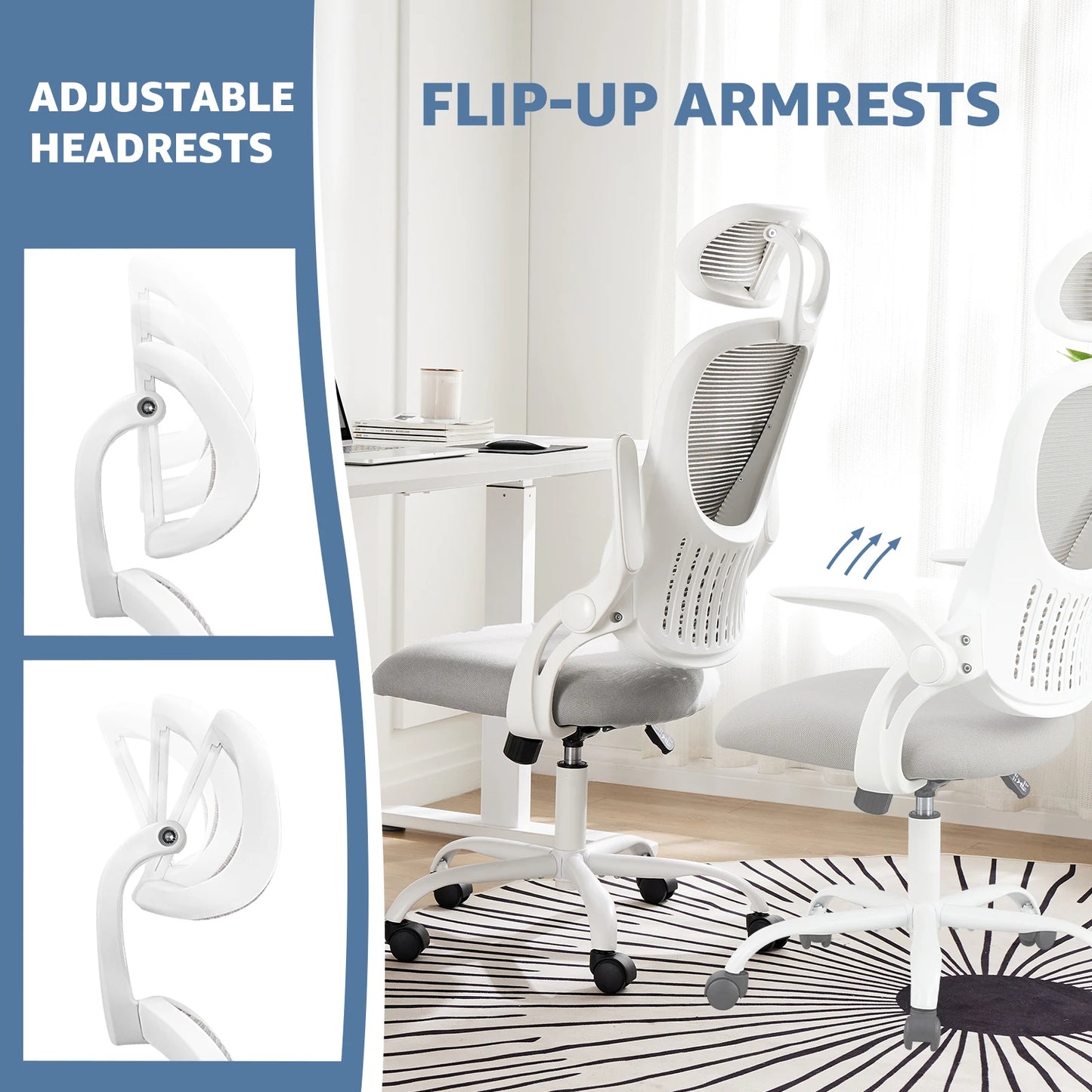 Ergonomic Computer Desk Chair, Flip-up Arms, Adjustable Headrests, Lumbar Support