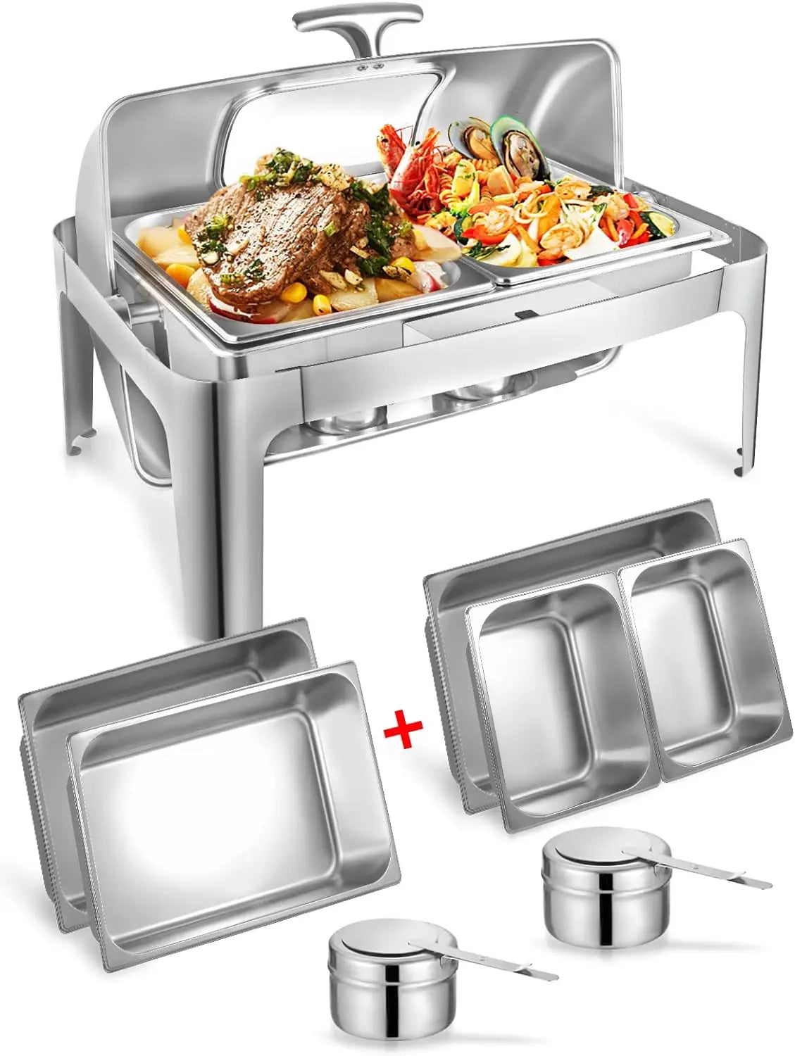 Rectangular Roll Top Chafing Dish Buffet Set, 1 Full Size & 2 Halfs